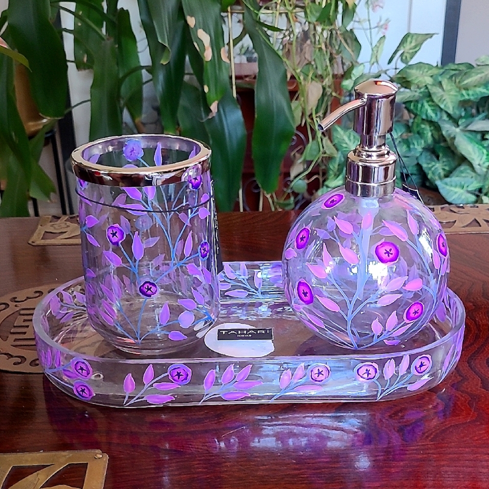 Tahari Purple Floral Glass Bathroom Set
